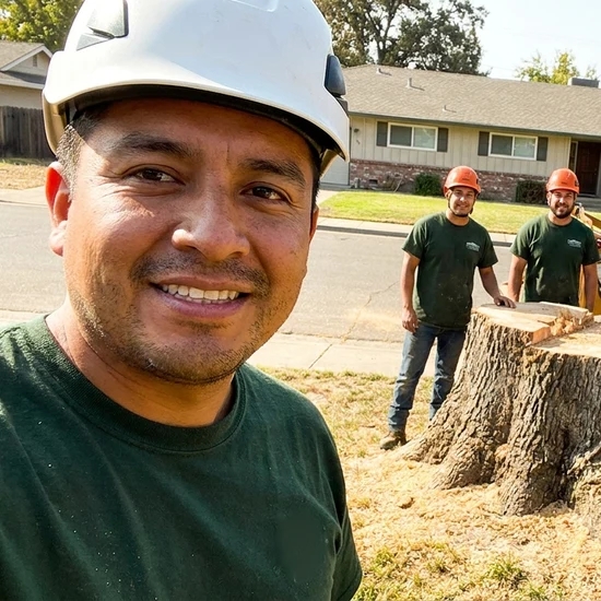 Smiling Simpson's Tree Service crew selfie after removing a large oak in Virginia Beach